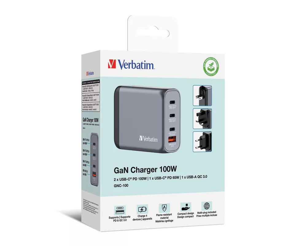 Зарядно Verbatim GNC-100 GaN Charger 4 Port 100W USB A/C (EU/UK/US) 5
