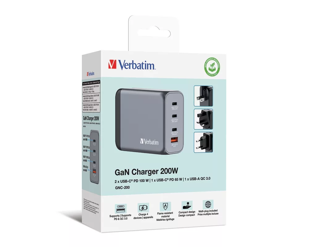 Зарядно Verbatim GNC-200 GaN Charger 4 Port 200W USB A/C (EU/UK/US) 6