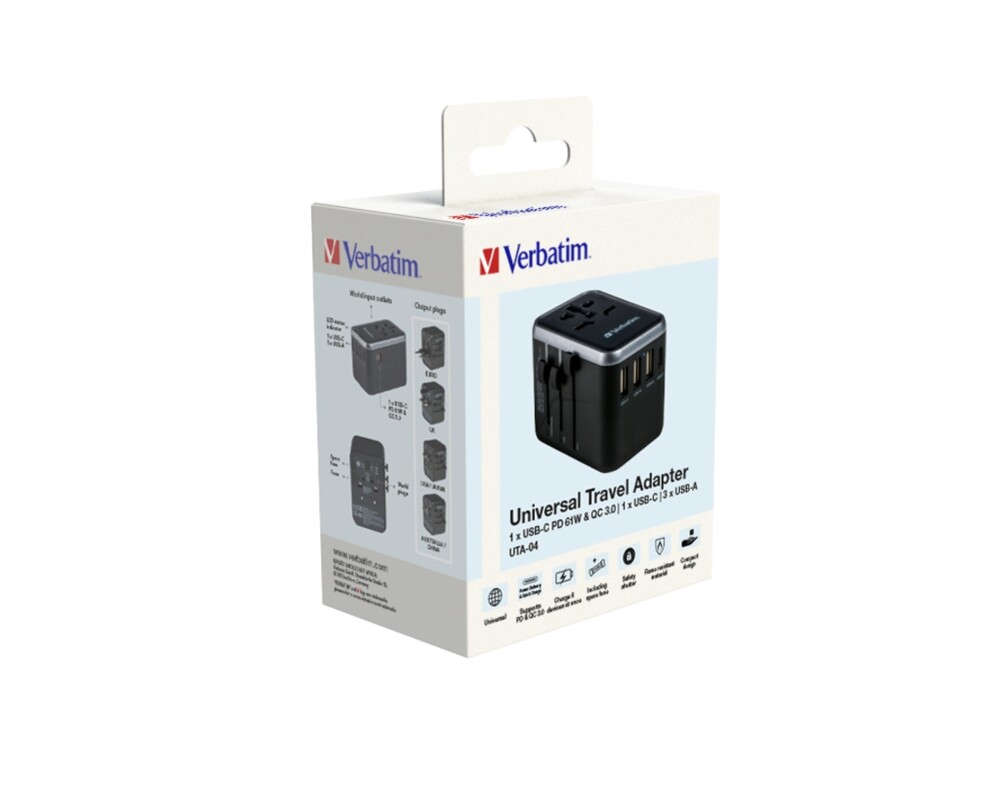Зарядно Verbatim UTA-04 Universal Travel Adapter with 1 x USB-C PD 61W & QC 3.0 / 1 x USB-C / 3 x USB-A 10
