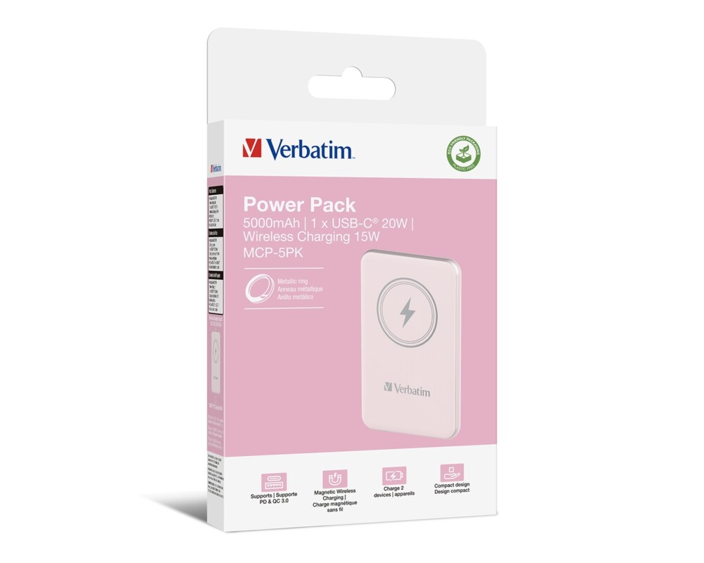 Външна батерия Verbatim MCP-5PK Power Pack 5000 mAh with UBS-C® PD 20W / Magnetic Wireless Charging 15W Pink 4