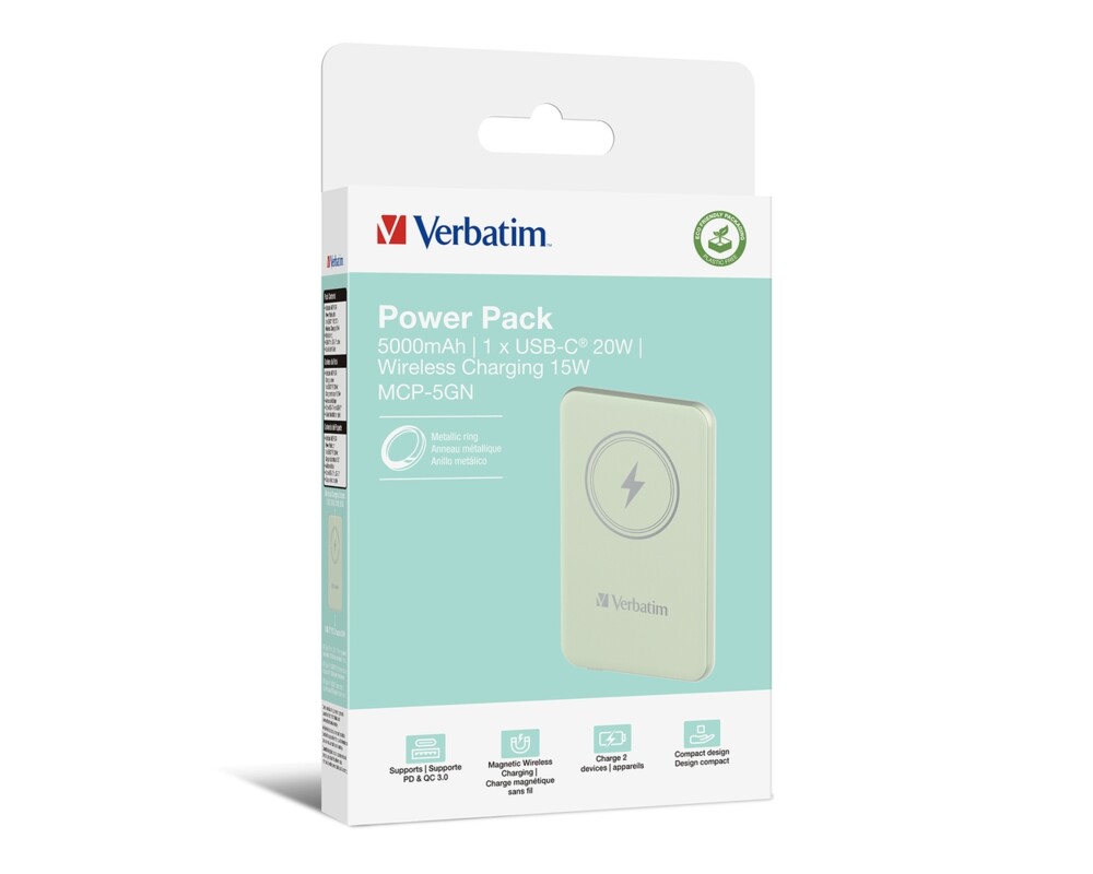Външна батерия Verbatim MCP-5GN Power Pack 5000 mAh with UBS-C® PD 20W / Magnetic Wireless Charging 15W Green 4