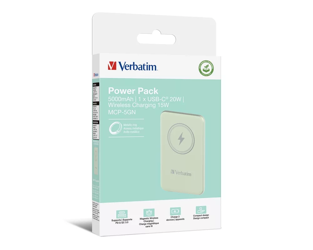 Външна батерия Verbatim MCP-5GN Power Pack 5000 mAh with UBS-C PD 20W / Magnetic Wireless Charging 15W Green 4