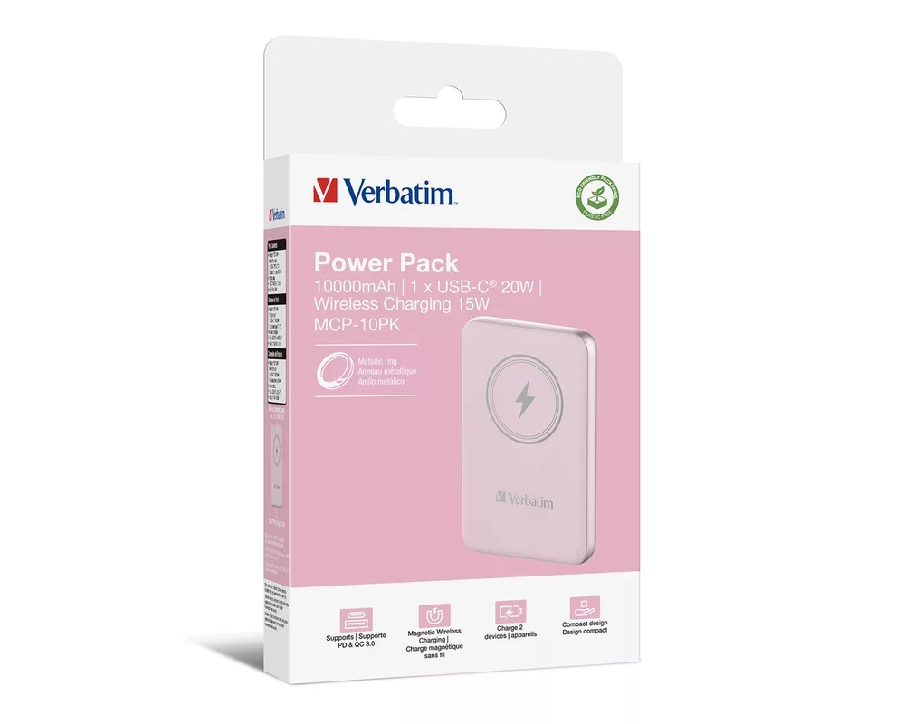 Външна батерия Verbatim MCP-10PK Power Pack 10000 mAh with UBS-C PD 20W / Magnetic Wireless Charging 15W Pink 4