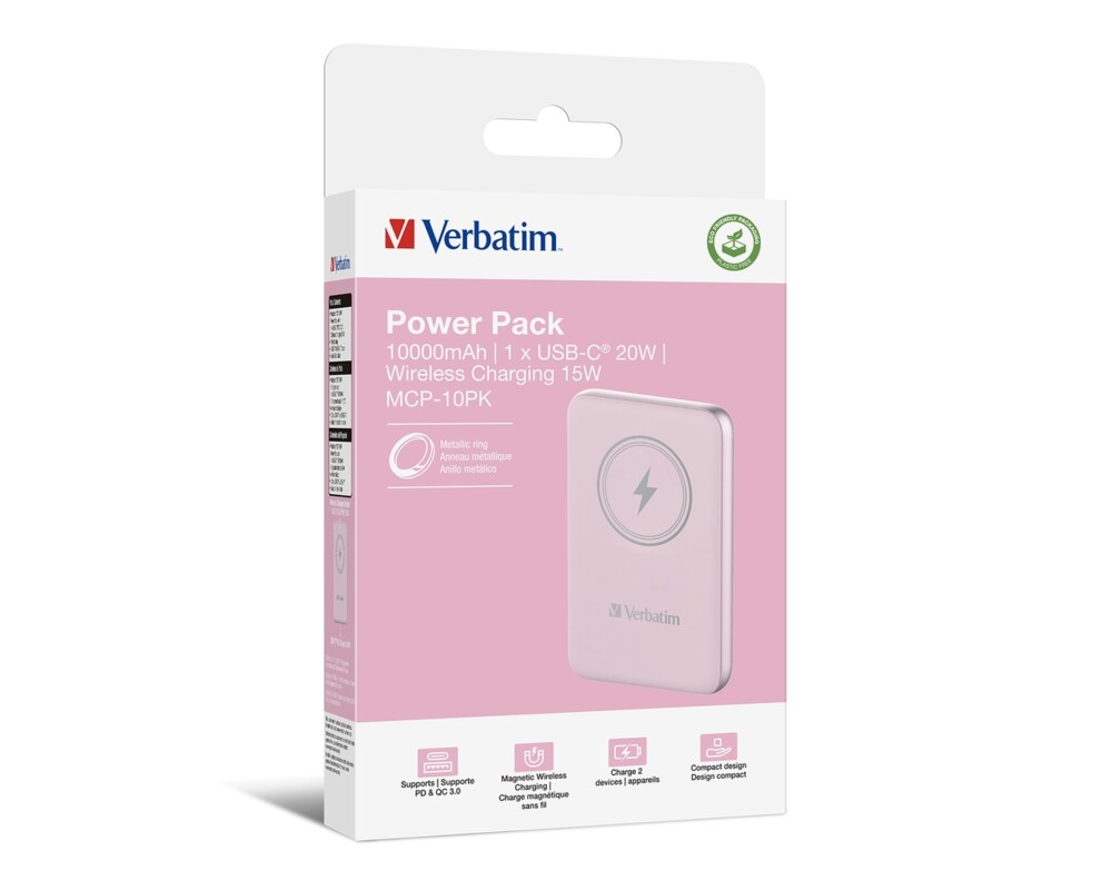 Външна батерия Verbatim MCP-10PK Power Pack 10000 mAh with UBS-C® PD 20W / Magnetic Wireless Charging 15W Pink 4