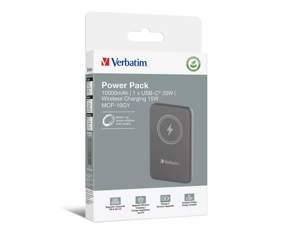 Външна батерия Verbatim MCP-10GY Power Pack 10000 mAh with UBS-C PD 20W / Magnetic Wireless Charging 15W Grey 4