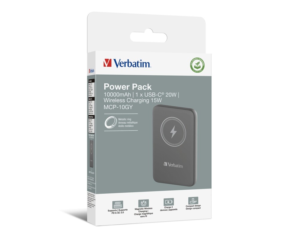 Външна батерия Verbatim MCP-10GY Power Pack 10000 mAh with UBS-C® PD 20W / Magnetic Wireless Charging 15W Grey 4