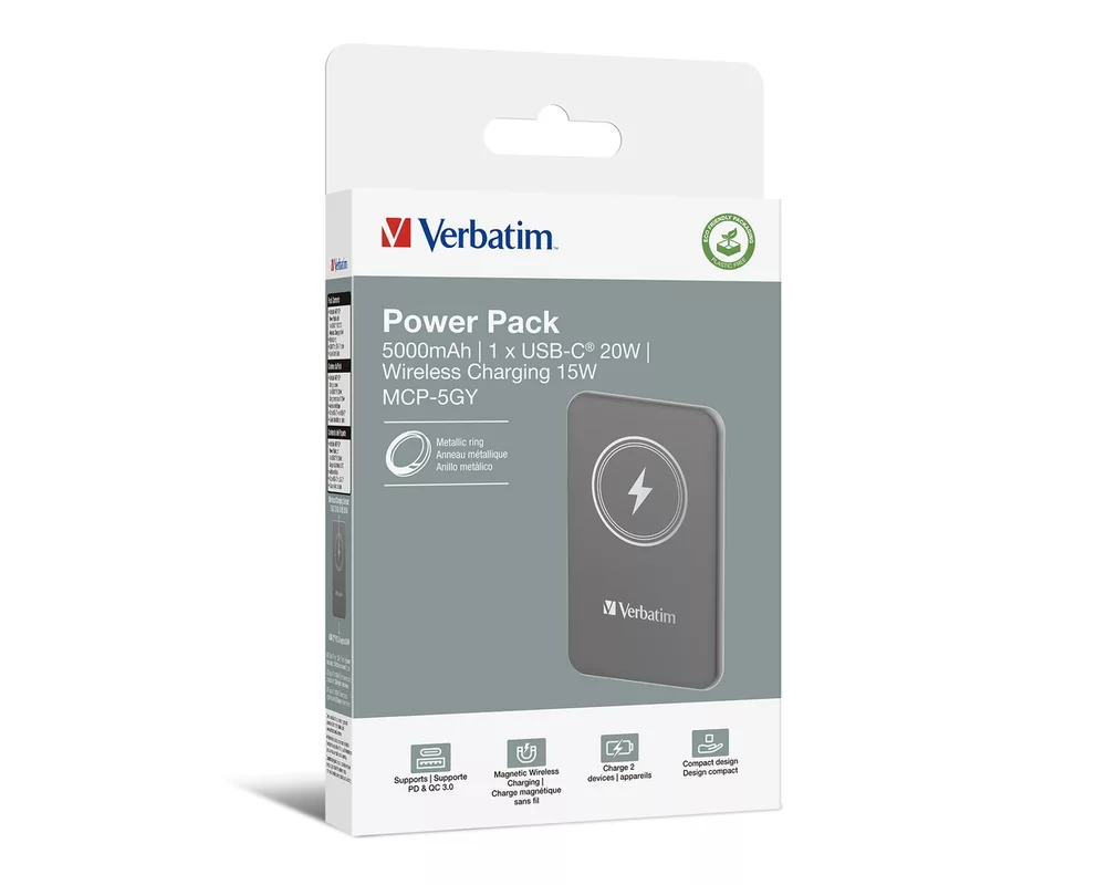 Външна батерия Verbatim MCP-5GY Power Pack 5000 mAh with UBS-C PD 20W / Magnetic Wireless Charging 15W Grey 4
