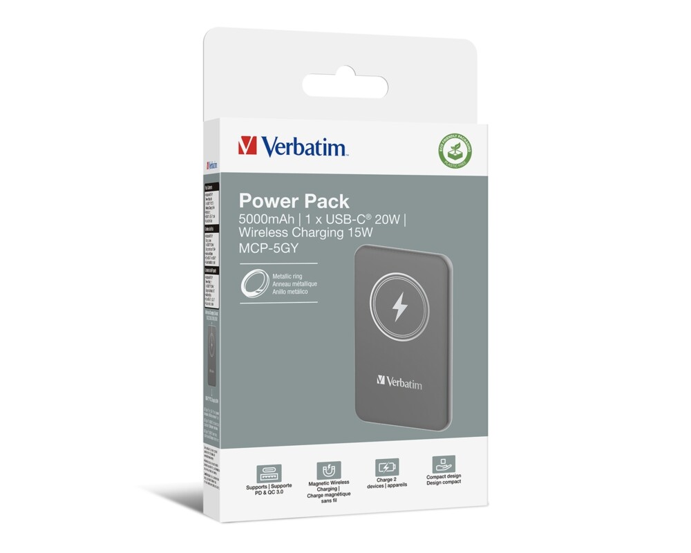 Външна батерия Verbatim MCP-5GY Power Pack 5000 mAh with UBS-C® PD 20W / Magnetic Wireless Charging 15W Grey 4