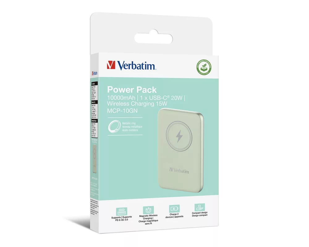 Външна батерия Verbatim MCP-10GN Power Pack 10000 mAh with UBS-C PD 20W / Magnetic Wireless Charging 15W Green 4