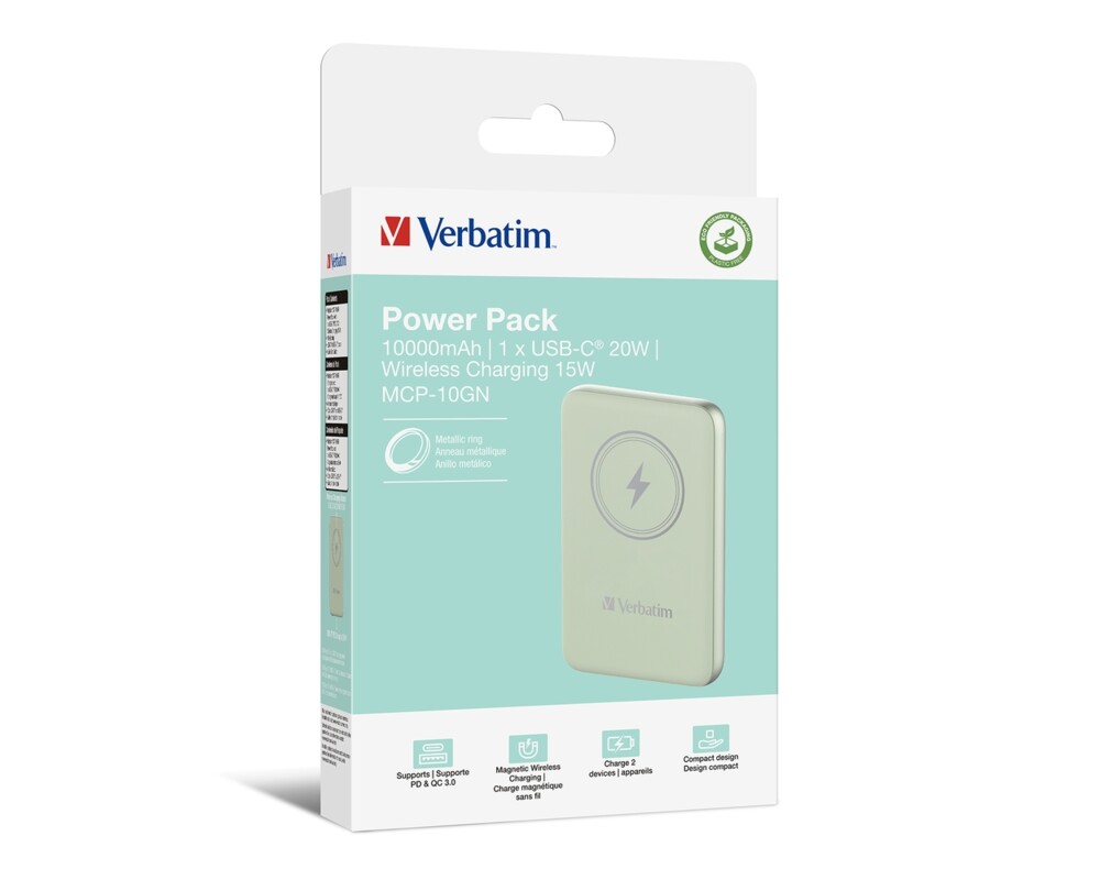 Външна батерия Verbatim MCP-10GN Power Pack 10000 mAh with UBS-C® PD 20W / Magnetic Wireless Charging 15W Green 4