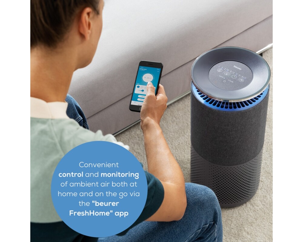 Пречиствател на въздух Beurer LR 401 WIFI / BT Air purifier with fabric cover- App-controlled  "beurer FreshHome" app; CADR  approx. 266 m3/h; Smart Sensor PM 2.5 µg / m3; three-layered filter system; 4 levels + Turbo; Timer; Colored indoor air quality indicator; 69m2 6