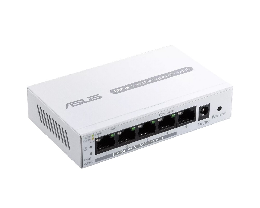 Switch (Комутатор) ASUS EBP15 5-Port GbE smart managed PoE+ switch 4 PoE+ ports 60W Supports PoE priority setting 8