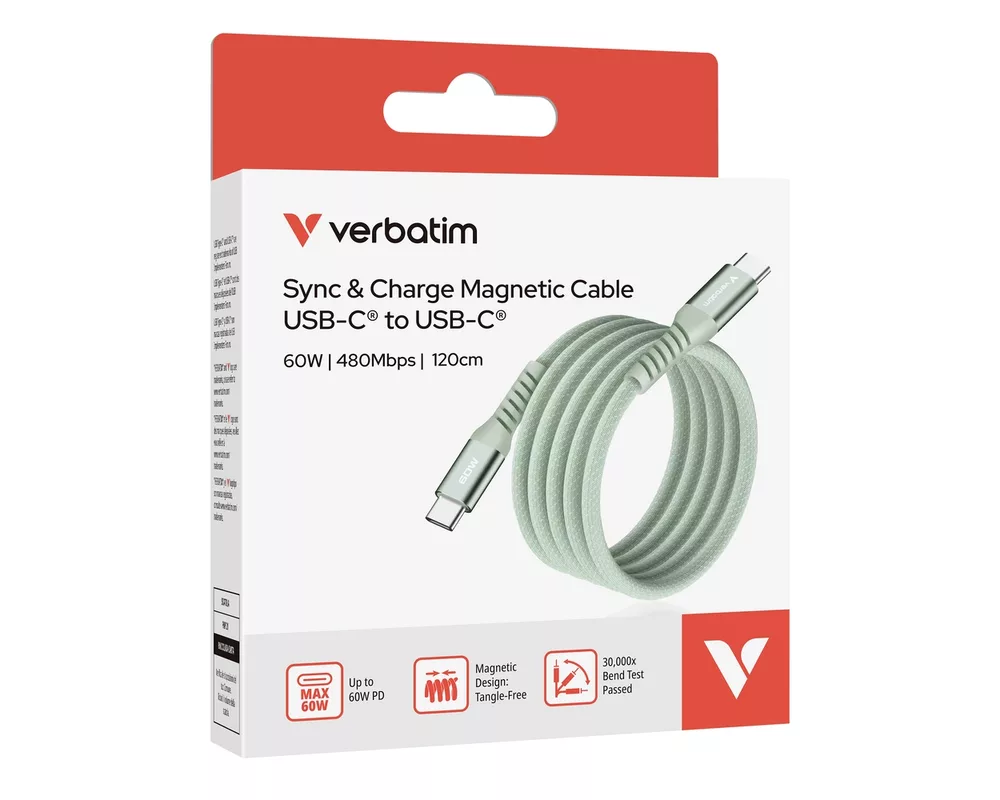 Кабел Verbatim Sync & Charge USB-C to USB-C 60W Magnetic 120 cm - Green 5