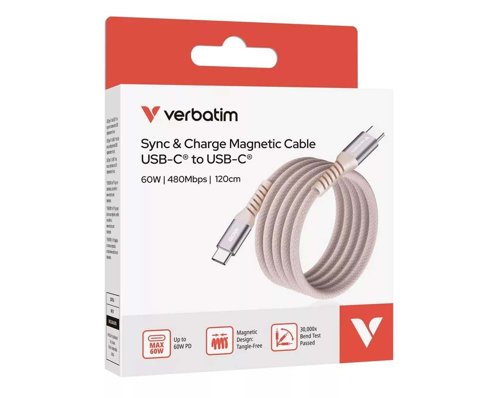 Кабел Verbatim Sync & Charge USB-C to USB-C 60W Magnetic 120 cm - Pink 5