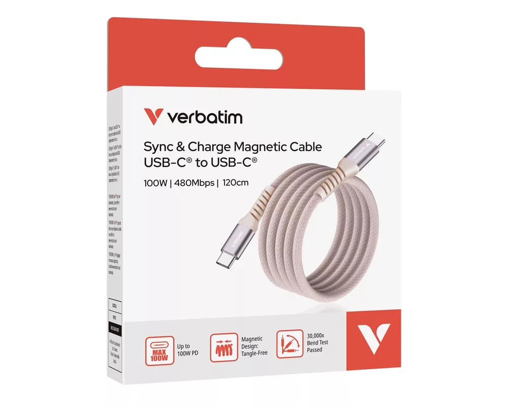 Кабел Verbatim Sync & Charge USB-C to USB-C 100W Magnetic 120 cm - Pink 5