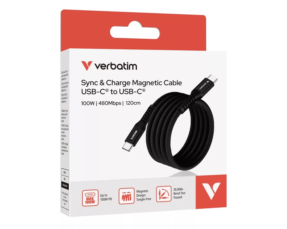 Кабел Verbatim Sync & Charge USB-C to USB-C 100W Magnetic 120 cm - Black 5