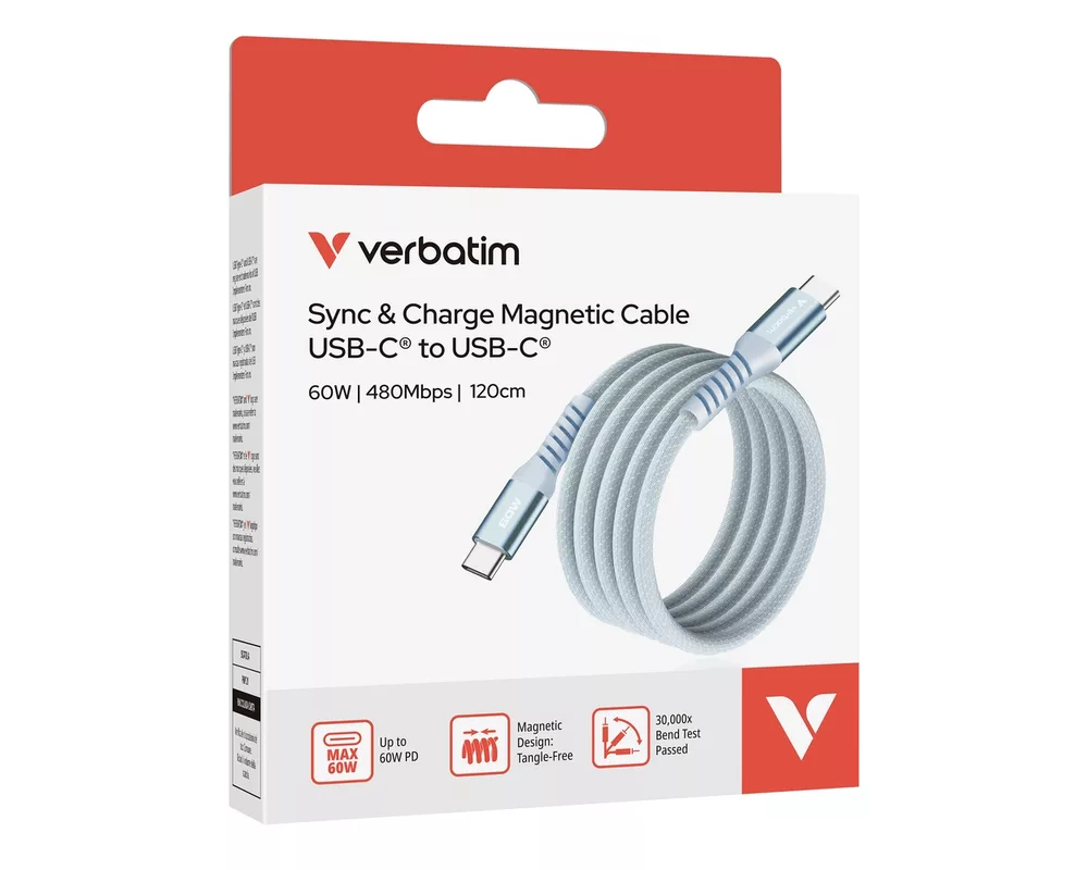 Кабел Verbatim Sync & Charge USB-C to USB-C 60W Magnetic 120 cm - Blue 5