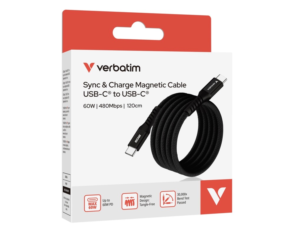 Кабел Verbatim Sync & Charge USB-C to USB-C 60W Magnetic 120 cm - Black 5