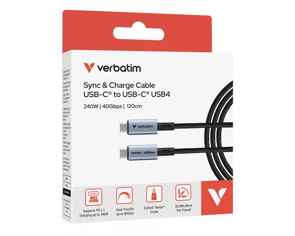 Кабел Verbatim Sync & Charge USB-C to USB-C 240W 40 Gbps 120 cm 4