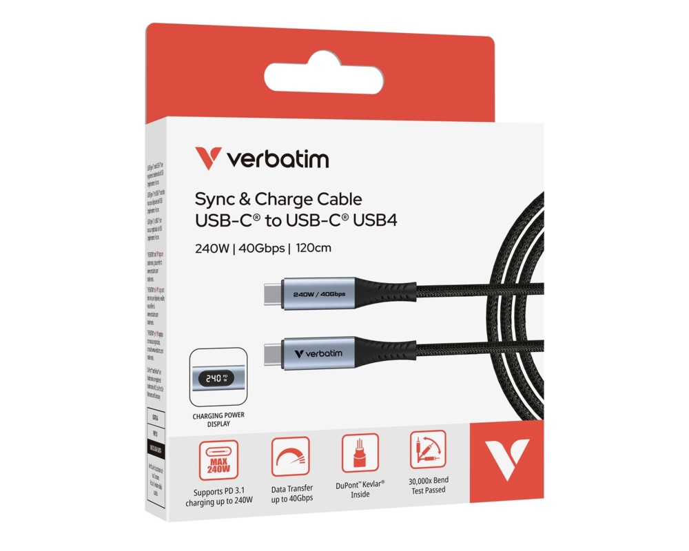 Кабел Verbatim Sync & Charge USB-C to USB-C 240W 40 Gbps Display 120 cm 4
