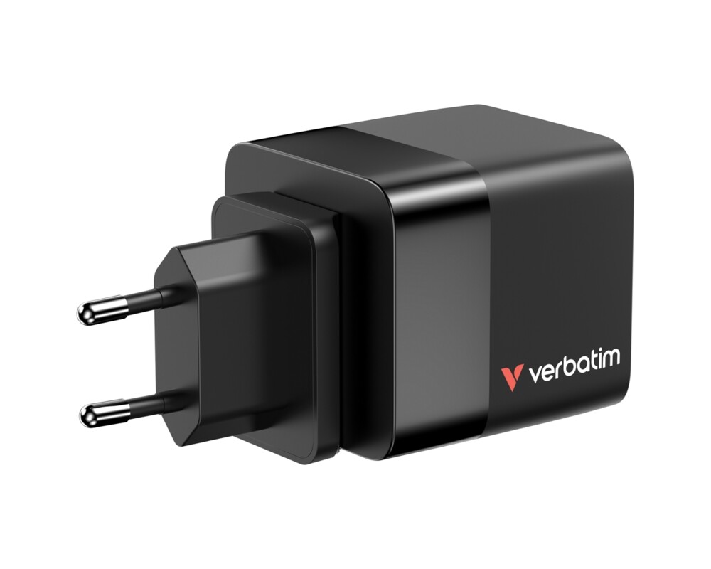 Зарядно Verbatim Mini GaN Charger 65W 2 Port retractable cable display US plugs with EU and UK adaptors 7