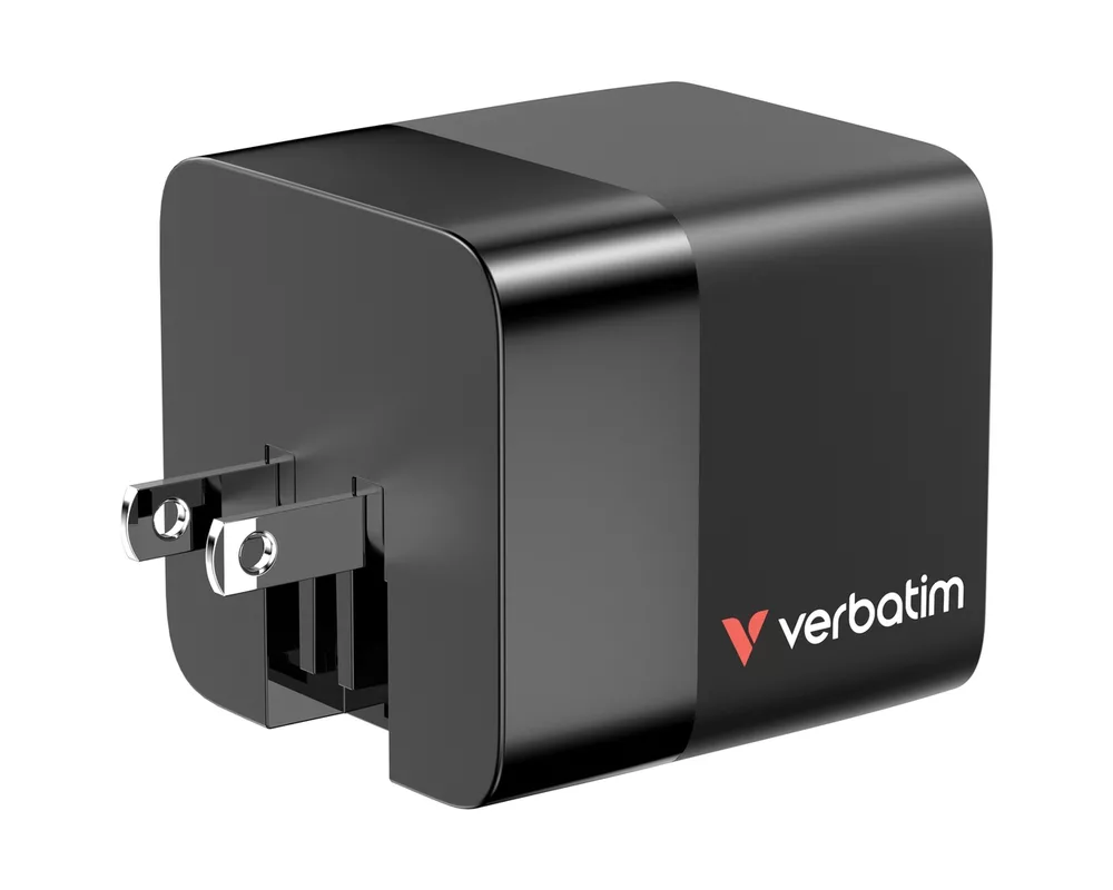 Зарядно Verbatim Mini GaN Charger 65W 2 Port retractable cable display US plugs with EU and UK adaptors 9