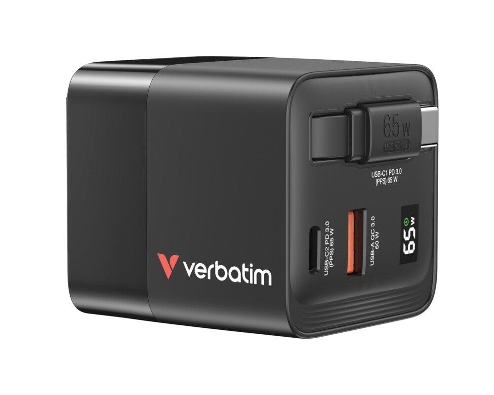 Зарядно Verbatim Mini GaN Charger 65W 2 Port retractable cable display US plugs with EU and UK adaptors 3
