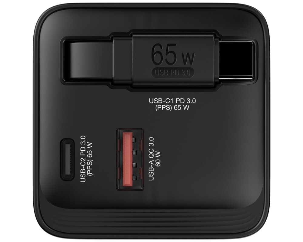 Зарядно Verbatim Mini GaN Charger 65W 2 Port retractable cable display US plugs with EU and UK adaptors 2