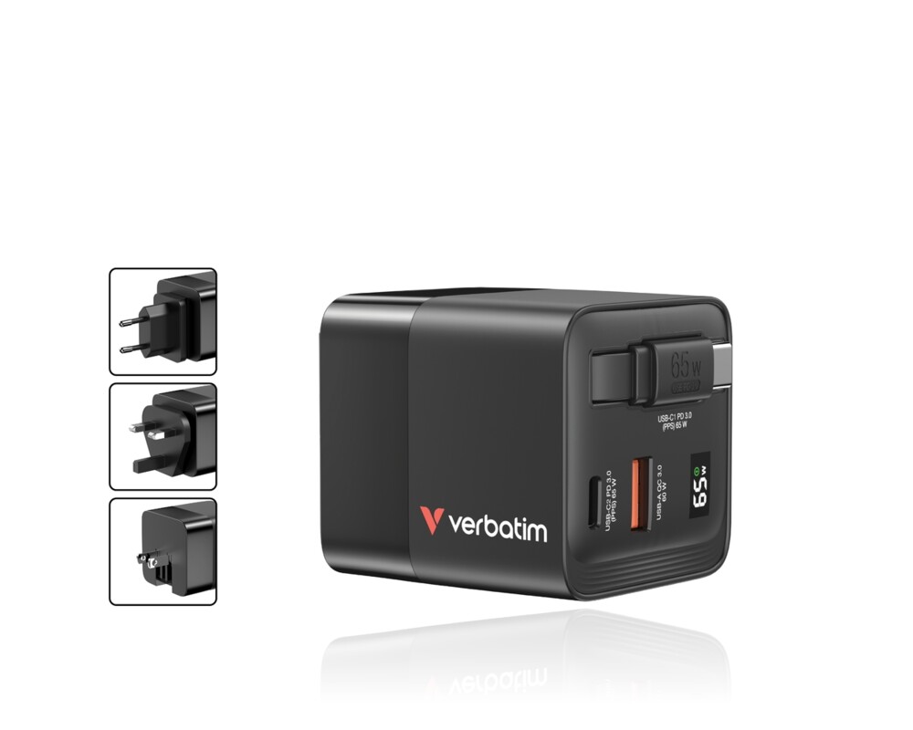 Зарядно Verbatim Mini GaN Charger 65W 2 Port retractable cable display US plugs with EU and UK adaptors 4
