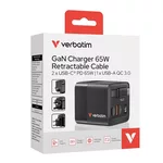 Зарядно Verbatim Mini GaN Charger 65W 2 Port retractable cable display US plugs with EU and UK adaptors 10