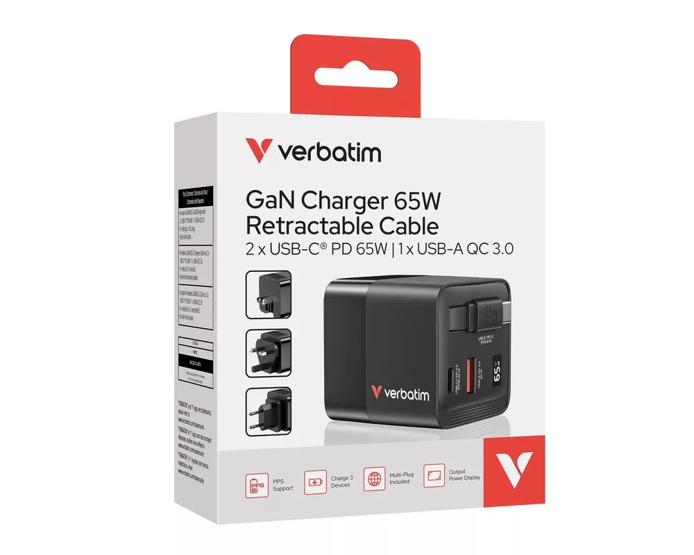 Зарядно Verbatim Mini GaN Charger 65W 2 Port retractable cable display US plugs with EU and UK adaptors 10