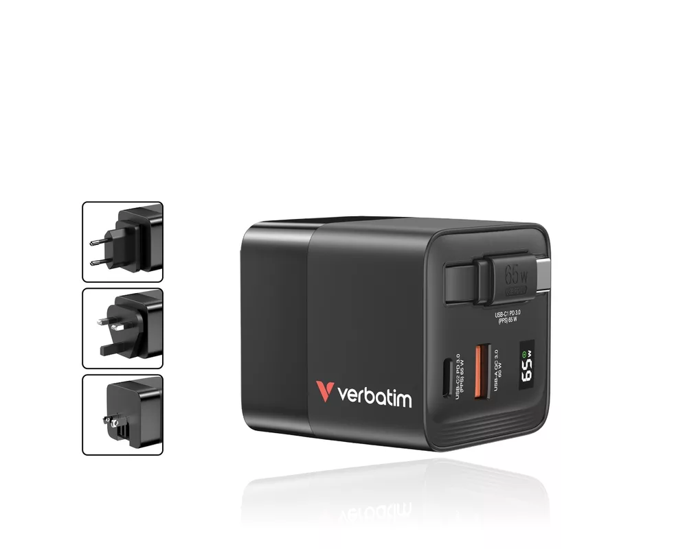 Зарядно Verbatim Mini GaN Charger 65W 2 Port retractable cable display US plugs with EU and UK adaptors 4