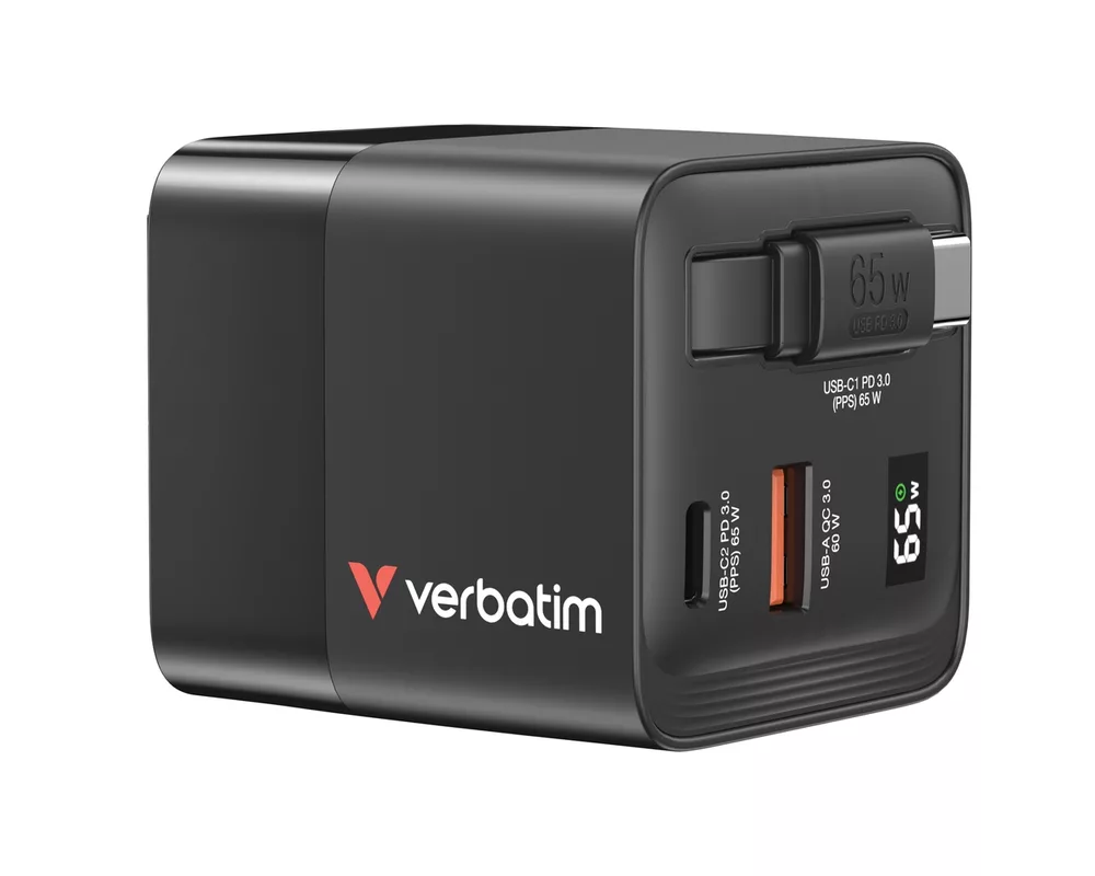 Зарядно Verbatim Mini GaN Charger 65W 2 Port retractable cable display US plugs with EU and UK adaptors 3