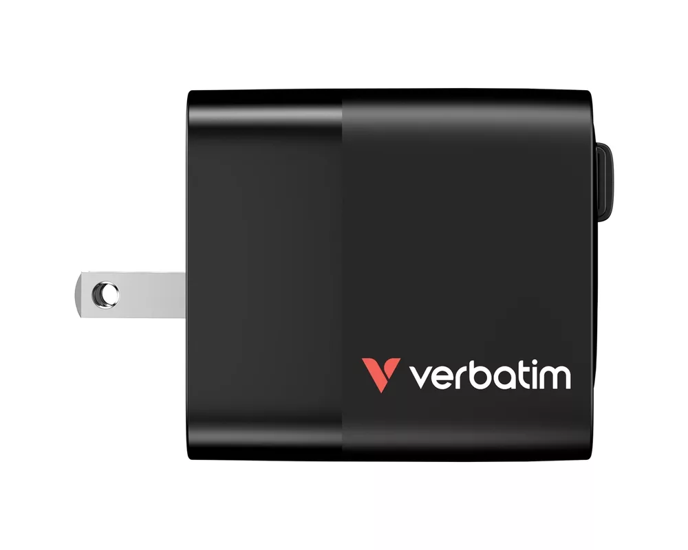 Зарядно Verbatim Mini GaN Charger 65W 2 Port retractable cable display US plugs with EU and UK adaptors 5