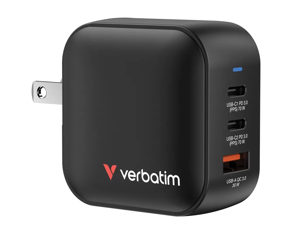 Зарядно Verbatim Mini GaN Charger 70W 3 Port US plug with EU and UK adaptors 9