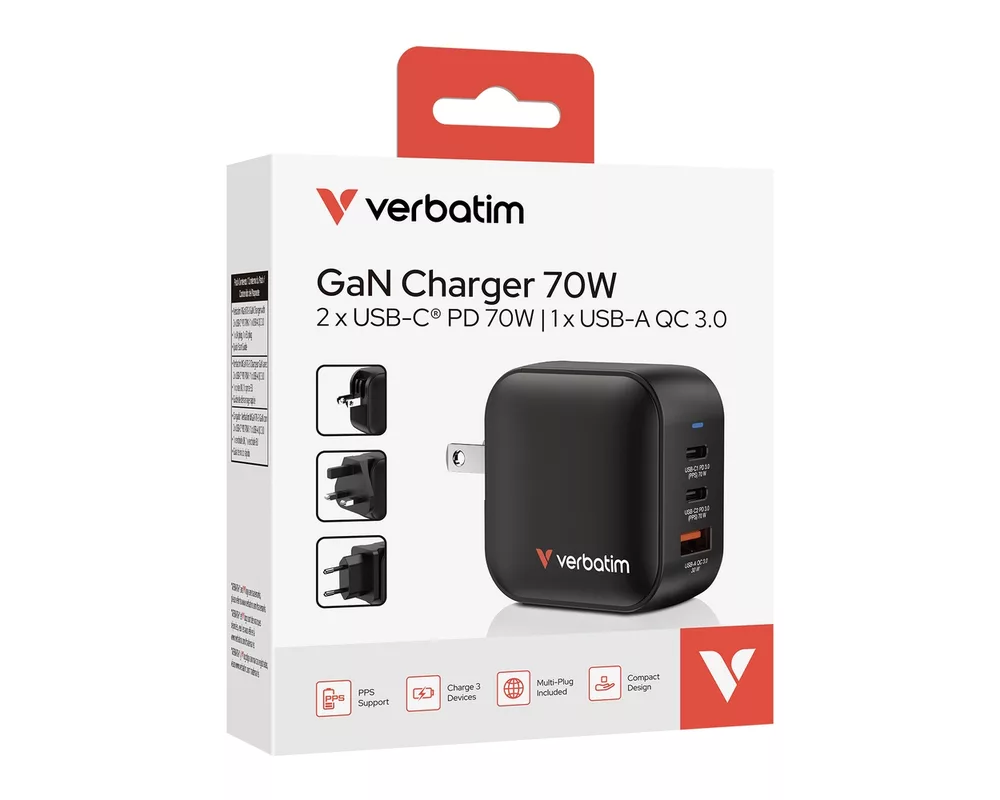 Зарядно Verbatim Mini GaN Charger 70W 3 Port US plug with EU and UK adaptors 10