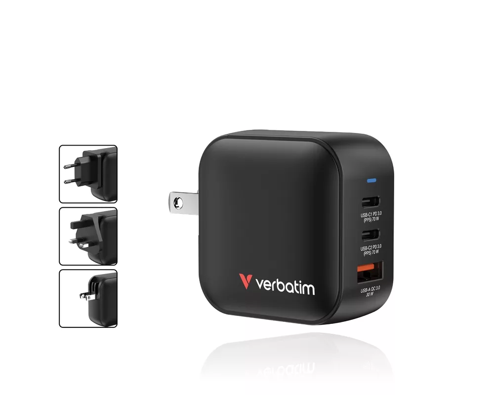 Зарядно Verbatim Mini GaN Charger 70W 3 Port US plug with EU and UK adaptors 4