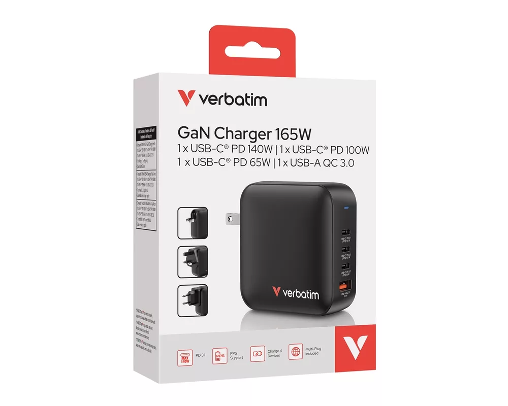 Зарядно Verbatim Mini GaN Charger 165W 4 Port US plug with EU and UK adaptors 7
