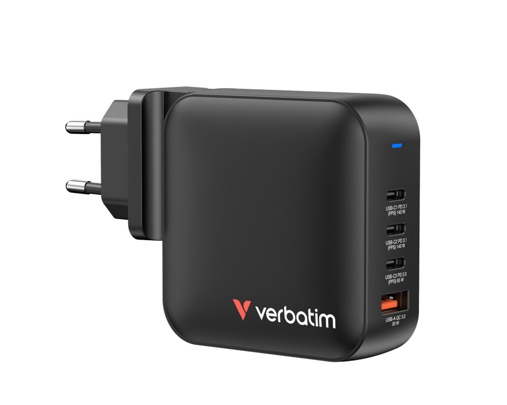 Зарядно Verbatim Mini GaN Charger 165W 4 Port US plug with EU and UK adaptors 2