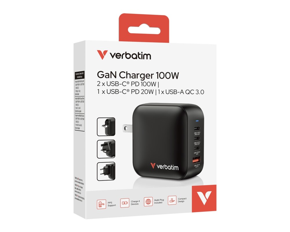 Зарядно Verbatim Mini GaN Charger 100W 4 Port US plug with EU and UK adaptors 10