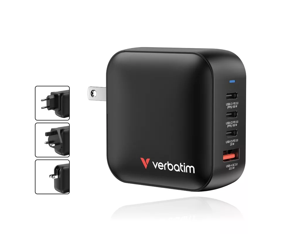 Зарядно Verbatim Mini GaN Charger 100W 4 Port US plug with EU and UK adaptors 4