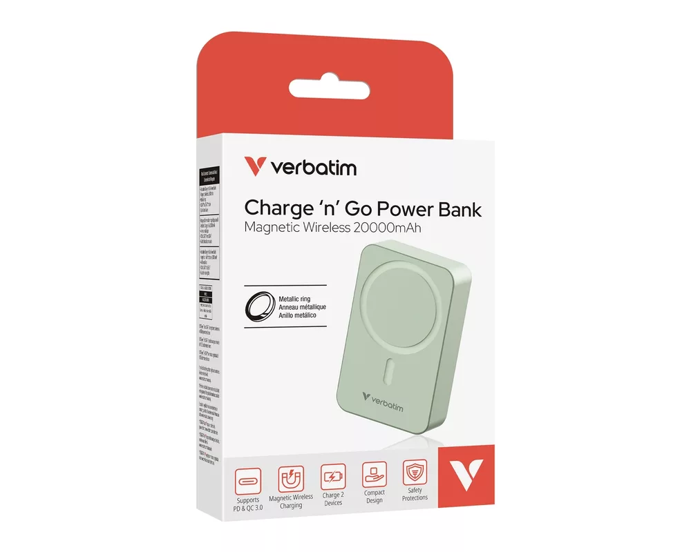 Външна батерия Verbatim Charge 'n' Go Essentials Power Bank Magnetic Wireless 20000mAh Green 4