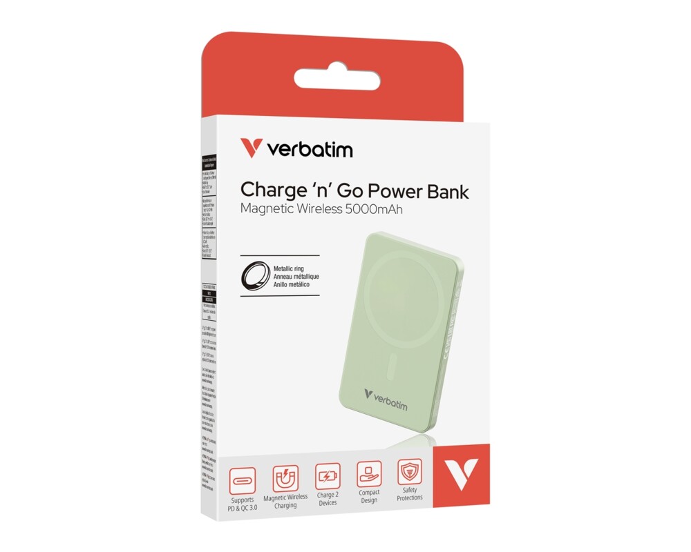 Външна батерия Verbatim Charge 'n' Go Essentials Power Bank Magnetic Wireless 5000mAh Green 5