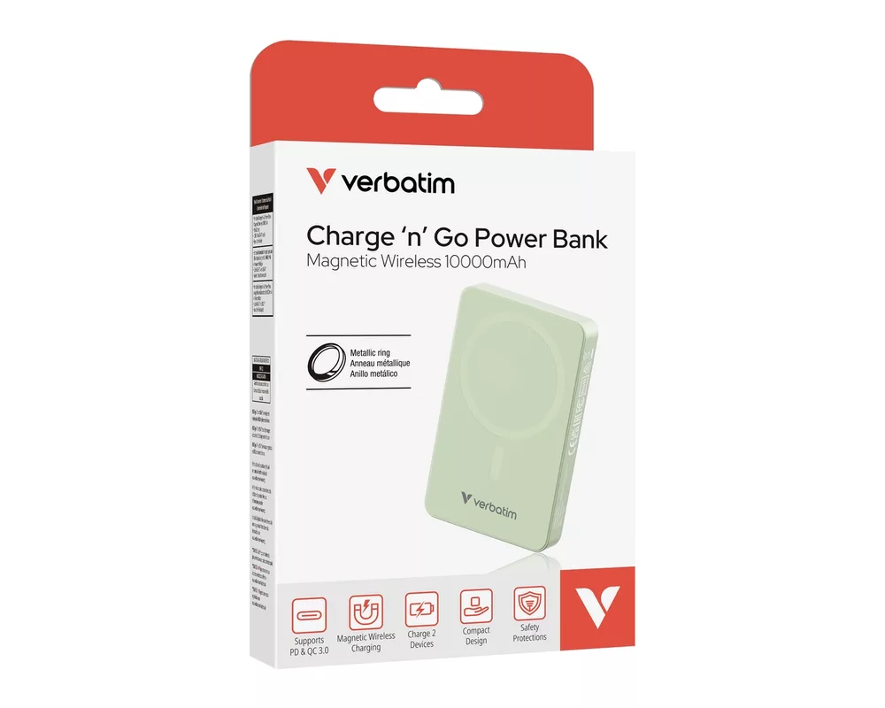 Външна батерия Verbatim Charge 'n' Go Essentials Power Bank Magnetic Wireless 10000mAh Green 5