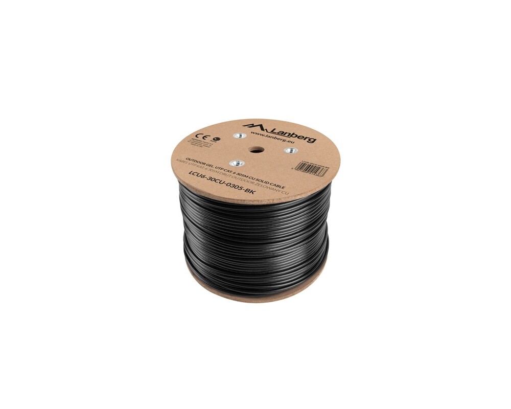 Кабел Lanberg LAN cable CAT.6 utp 305m solid outdoor gel-filled cu black fluke passed 2