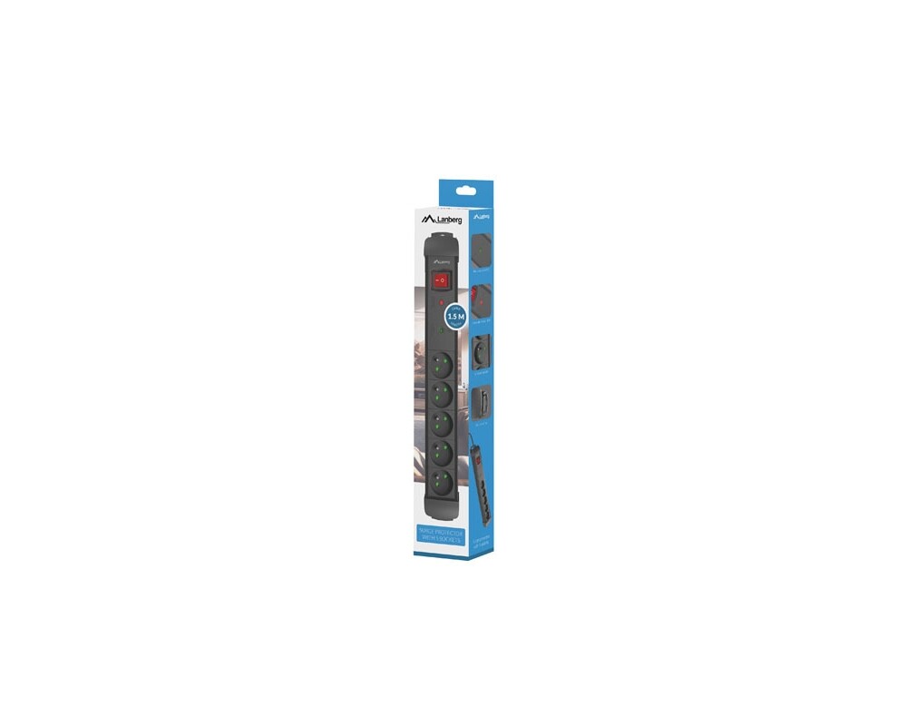 Разклонител Lanberg surge protector sp1 1.5m 5x french outlets black 3