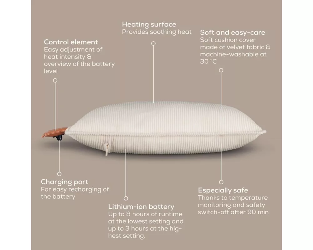 Термоподложка Beurer HK 77 Heaty cashmere-creme; lithium-ion battery; Soft velvet cushion cover machine-washable at 30°C; 3 temperature settings; Fast heating; BSS; 45(L)x45(W) cm 4