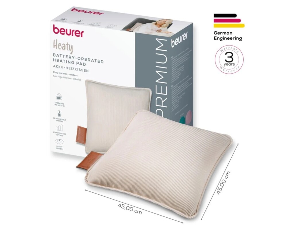 Термоподложка Beurer HK 77 Heaty cashmere-creme; lithium-ion battery; Soft velvet cushion cover machine-washable at 30°C; 3 temperature settings; Fast heating; BSS; 45(L)x45(W) cm 3