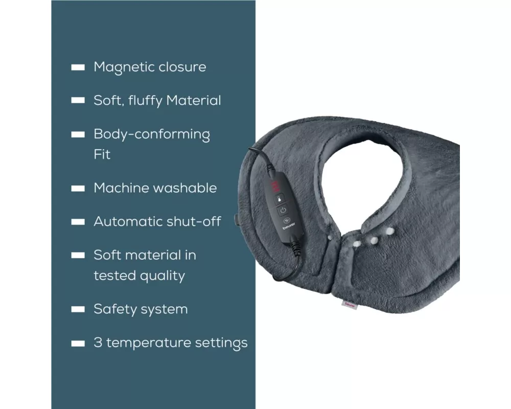 Термоподложка Beurer HK 66 Cosy Grey Shoulder & Neck Heat Pad; 3 temperature settings; auto switch-off after 90 min; washable on 30°; removable switch; fleece fibre;56(L)x52(W) cm 2
