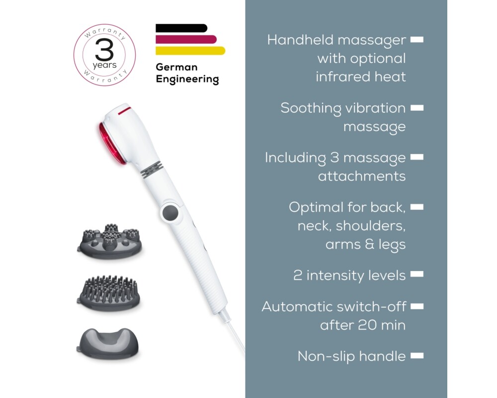 Масажор Beurer MG 44 infrared massager; Soothing vibration massage; Rotating massage head and 3-way adjustable handle; Infrared heat; 3 function levels; 4 interchangeable massage attachments 6